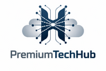 Logo of Premium Tech Hub with a blue and gray design on a white background